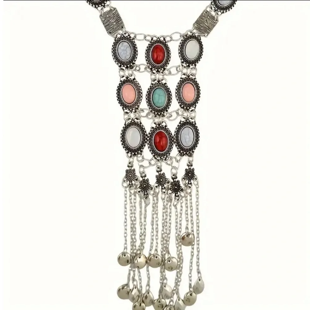 Silver Stone Chain Necklace Boho Tribal Hippie